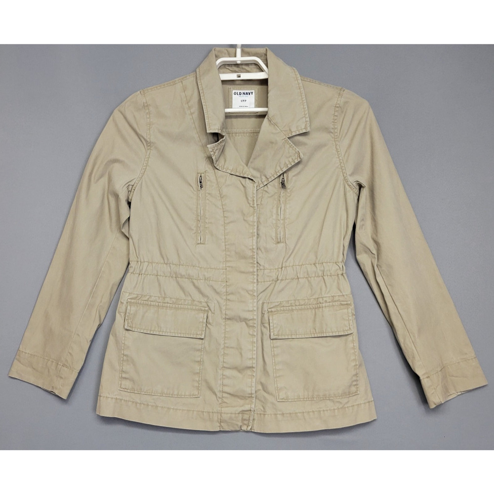 Old Navy Cargo Utility Field Jacket Womens S Tan Drawstring Waist Pockets Cotton